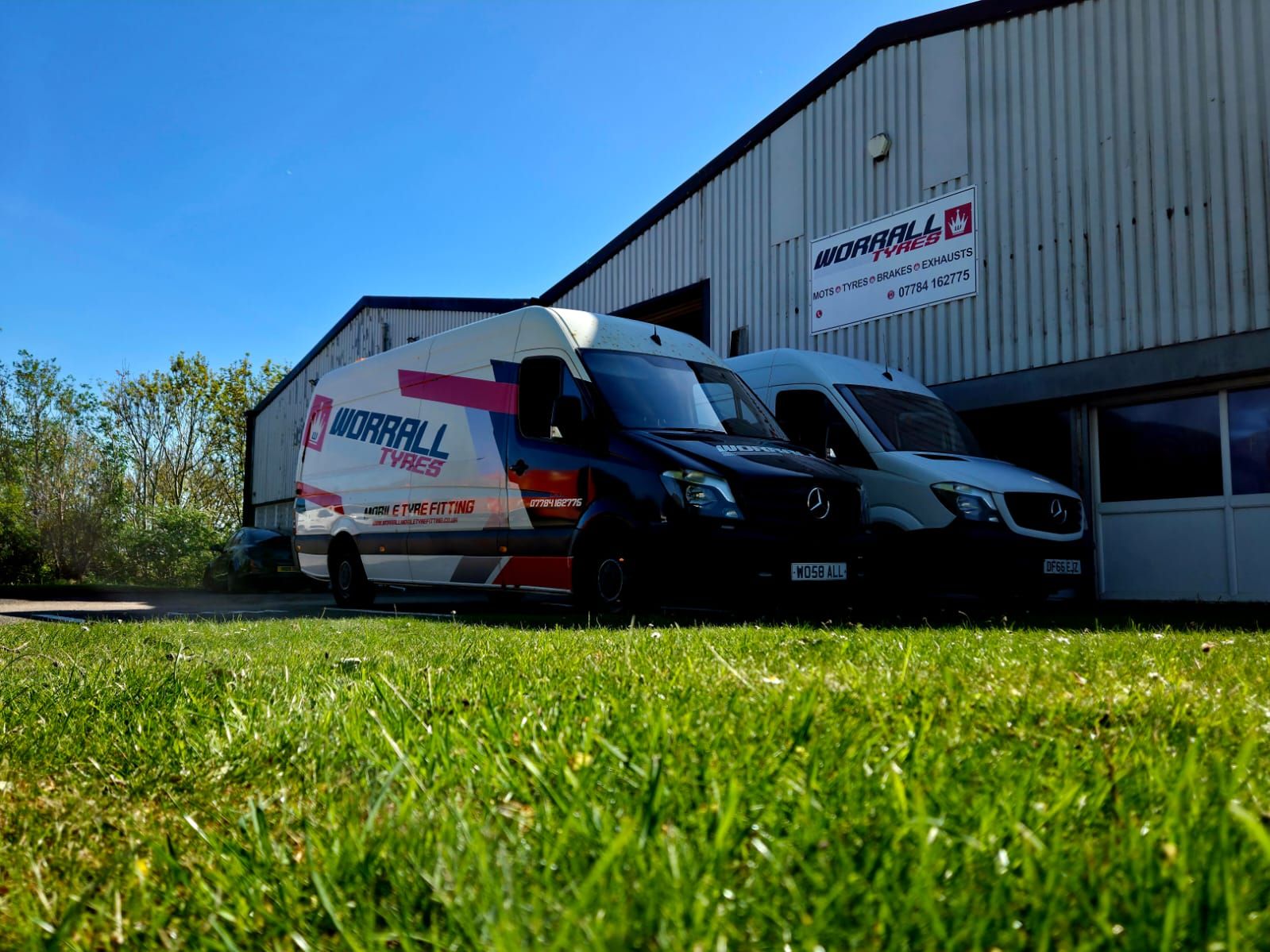 Worrall Tyres mobile fitting vans outside the depot at Bowburn South Industrial Estate, Durham