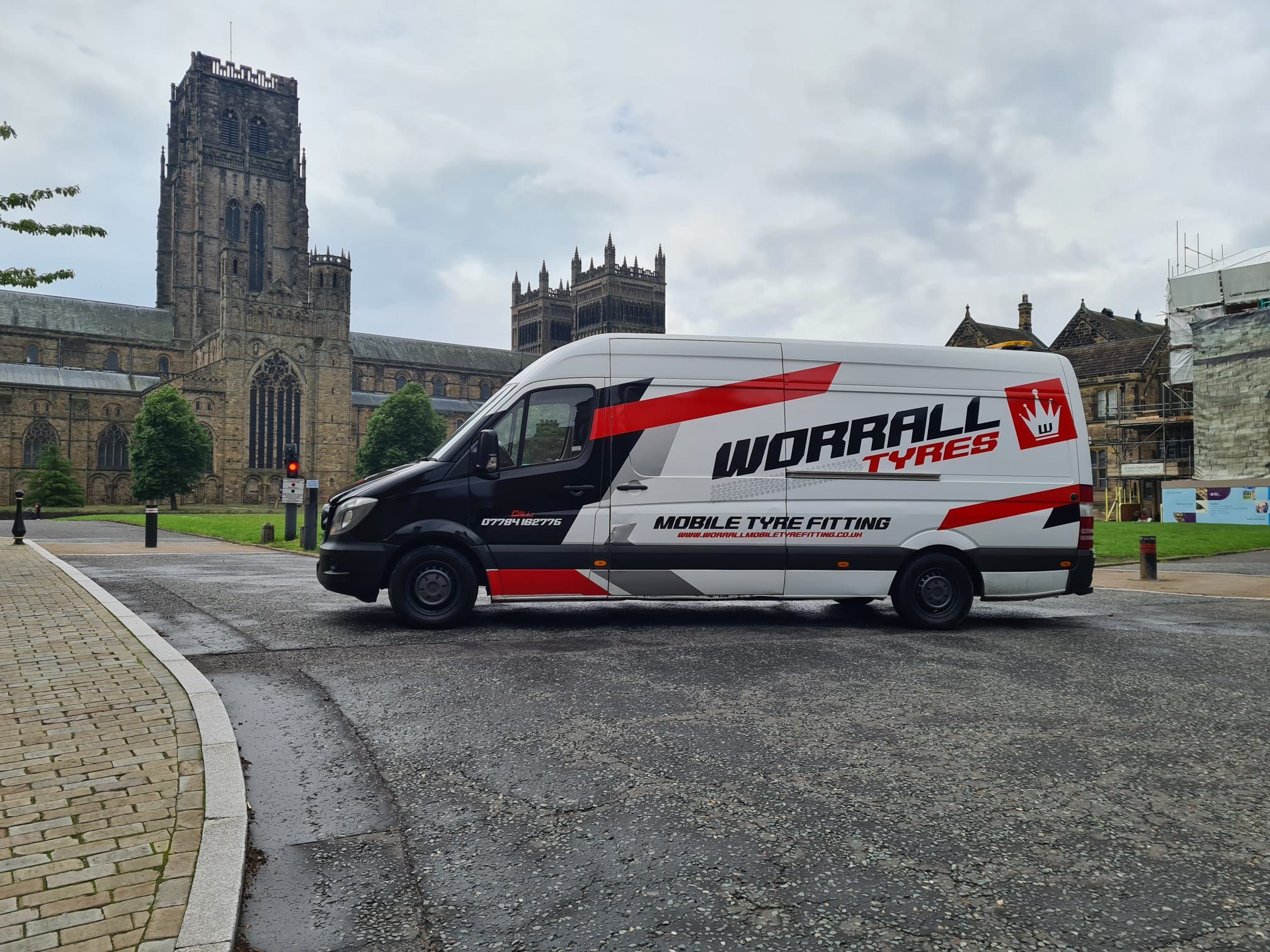 Worrall Tyres mobile fitting van in front of Durham Cathedral