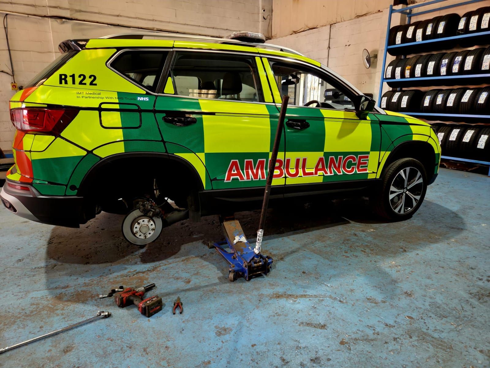Vehicle in the Worrall Tyres workshop in Bowburn having brake work carried out
